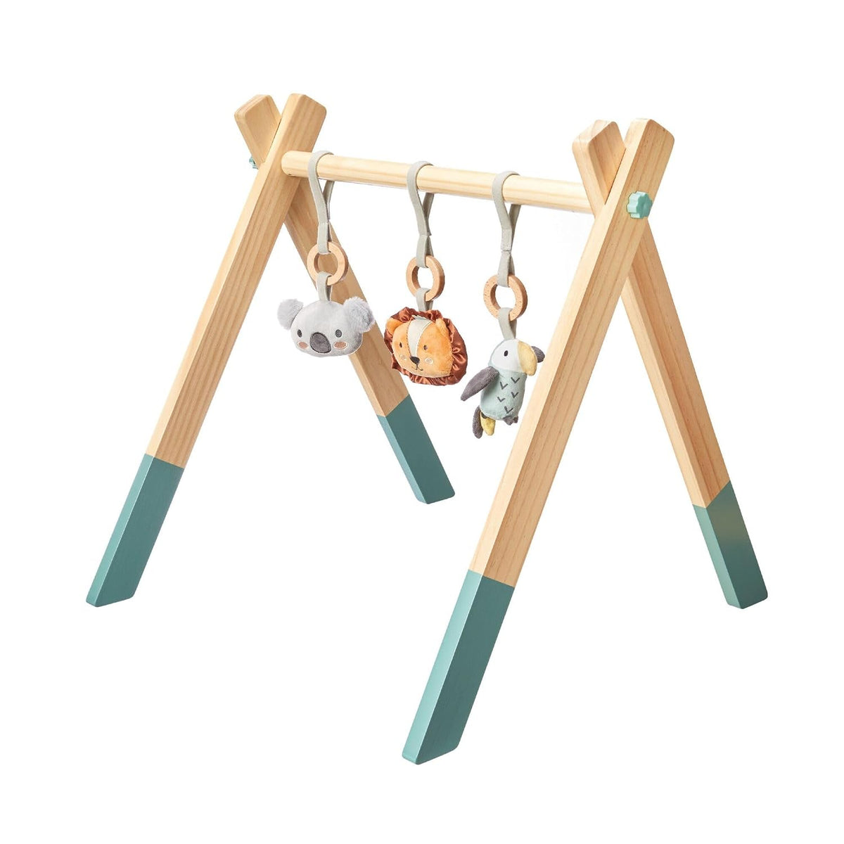 Nuby Animal Adventures - Gimnasio de madera para bebés con juguetes colgantes, soporta el desarrollo temprano del bebé, fácil de plegar para almacenamiento y viajes