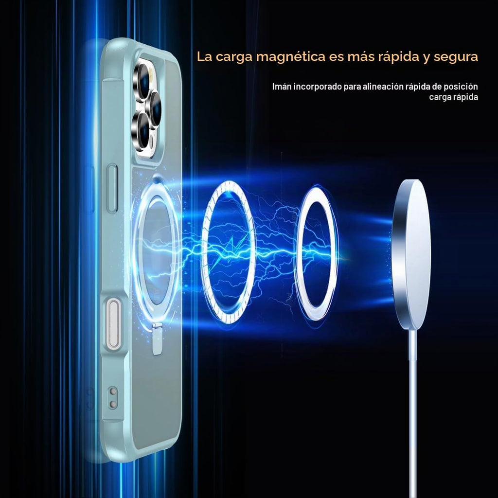 Funda magnética compatible con iPhone 16 Pro con soporte, prueba de caídas de grado militar, compatible con imán, anillo translúcido, parte trasera dura, borde suave, verde azulado