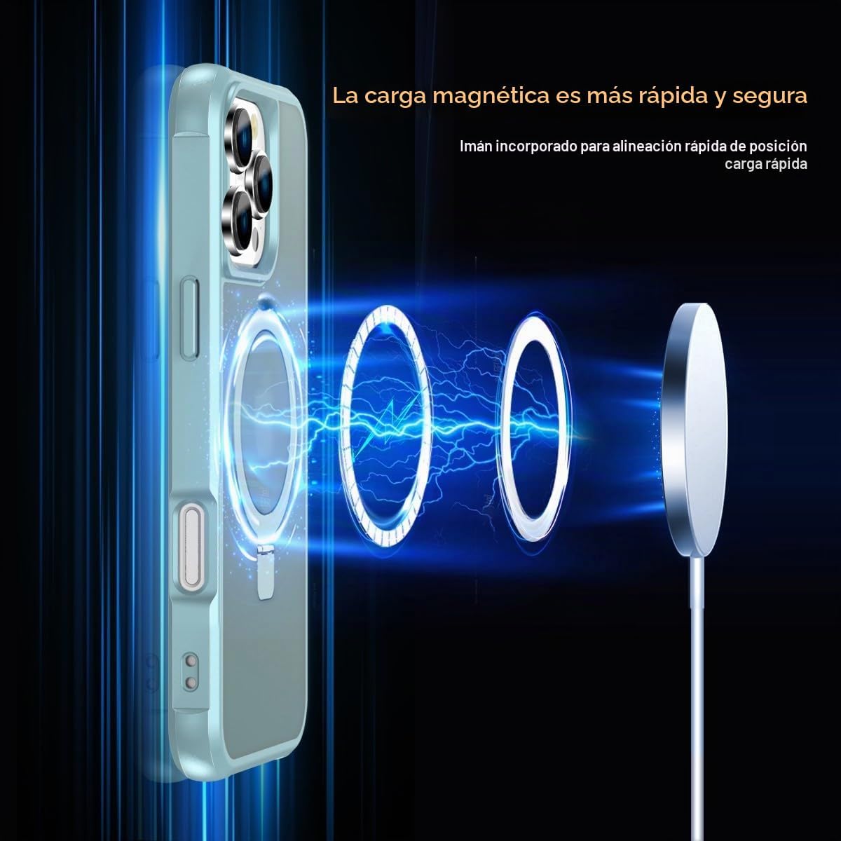 Funda magnética compatible con iPhone 16 Pro con soporte, prueba de caídas de grado militar, compatible con imán, anillo translúcido, parte trasera dura, borde suave, verde azulado
