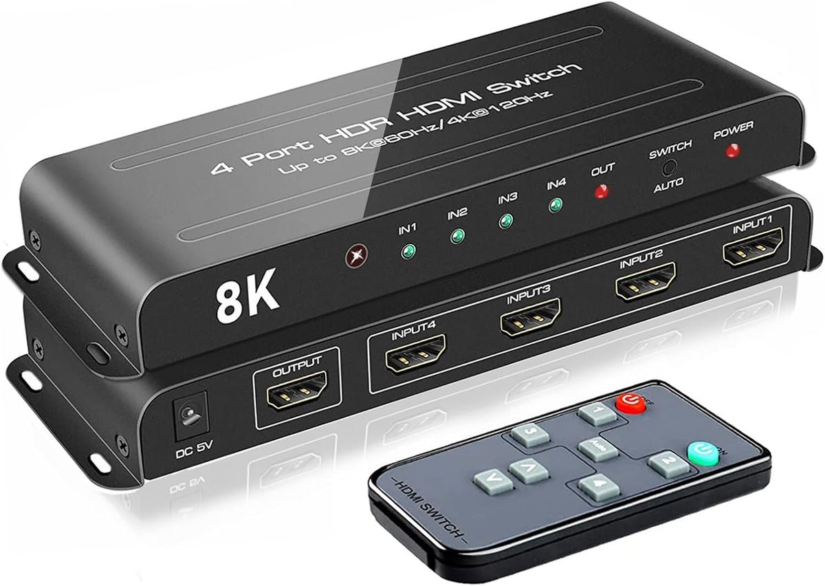 ROOFULL Interruptor HDMI 2.1 de 8K con 4 puertos 4 en 1 salida 8K@60Hz 4K@120Hz Selector de interruptor HDMI con control remoto Soporte 48Gbps HDR 10+ Dolby Vision/Atmos HDCP 2.3 CEC para PS5 4 Pro