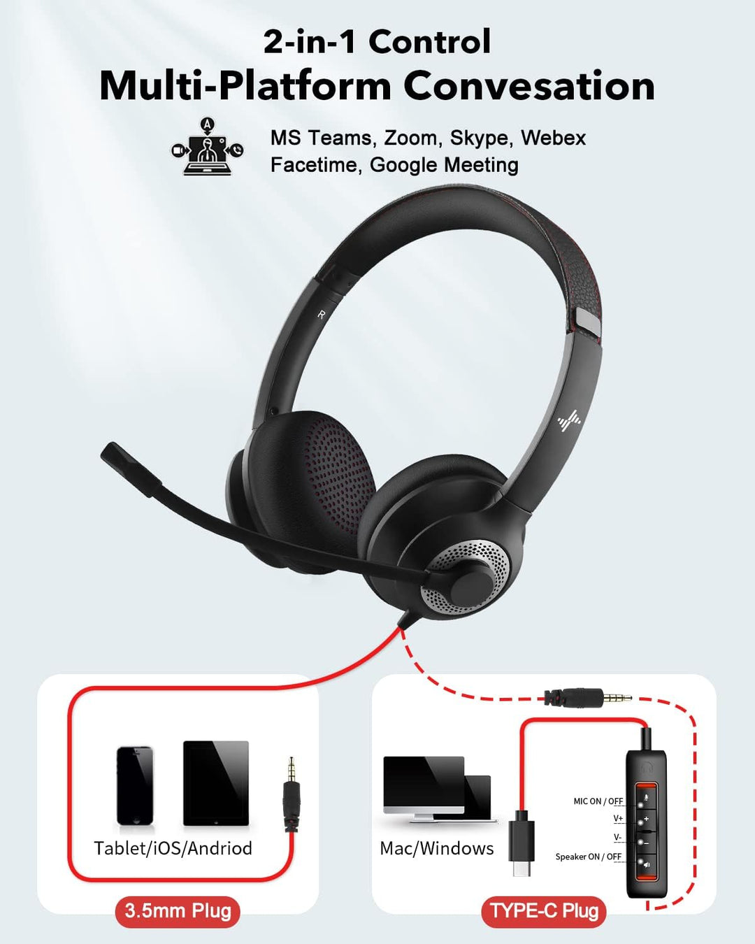 Auriculares JIAMQISHI USB con micrófono para PC, auriculares de com...