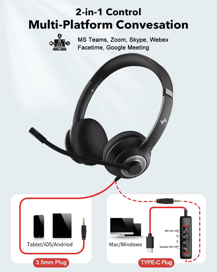 Auriculares JIAMQISHI USB con micrófono para PC, auriculares de com...