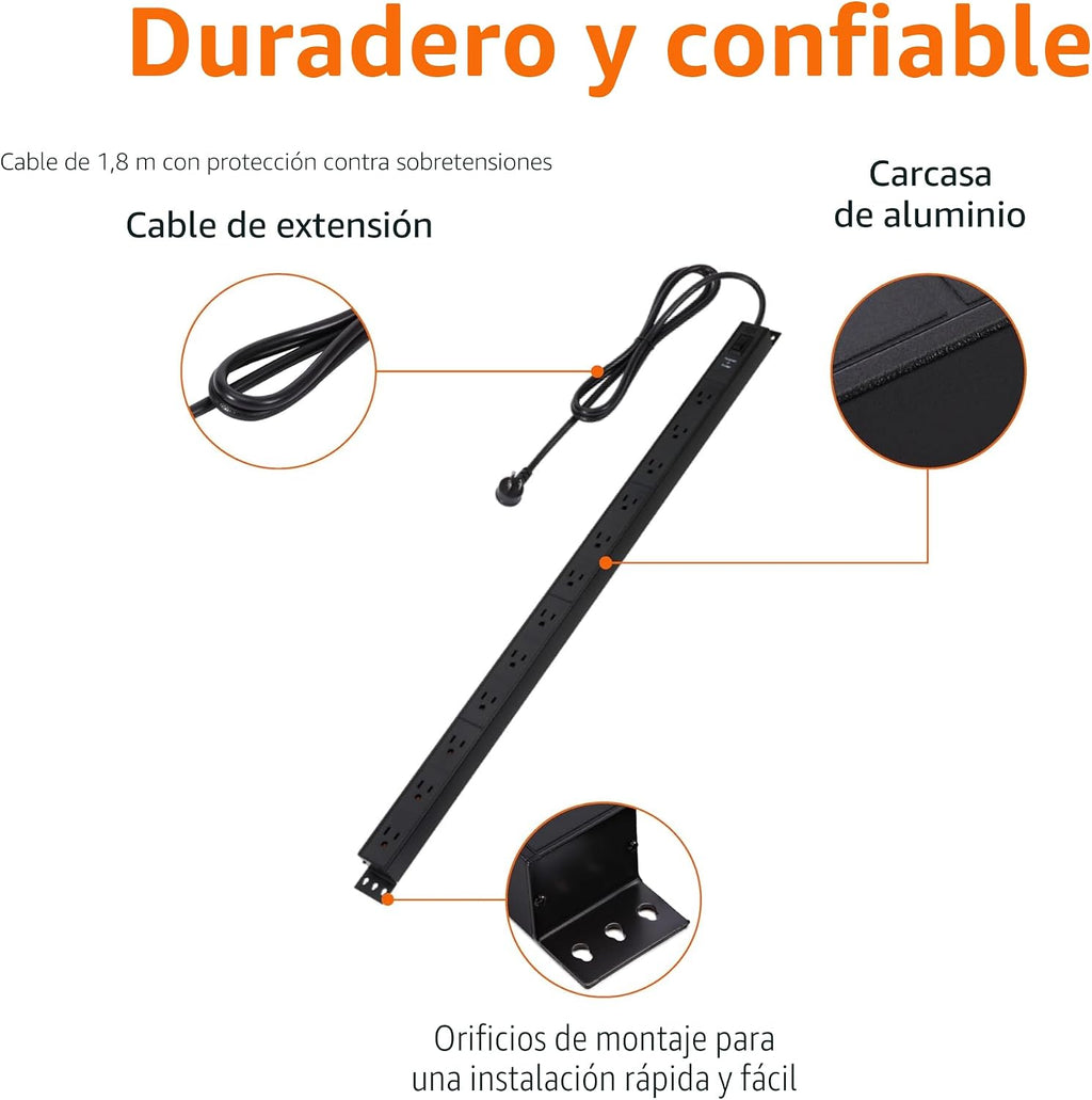 Amazon Basics Regleta protectora de sobretensiones, 12 tomas, resistente, metal, 600 julios, cable de extensión de 6 pies, amplio espaciado, montable, negro