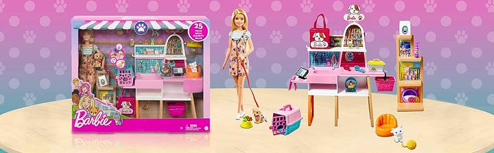 Barbie - Muñeca y set de juego de tienda de mascotas con 4