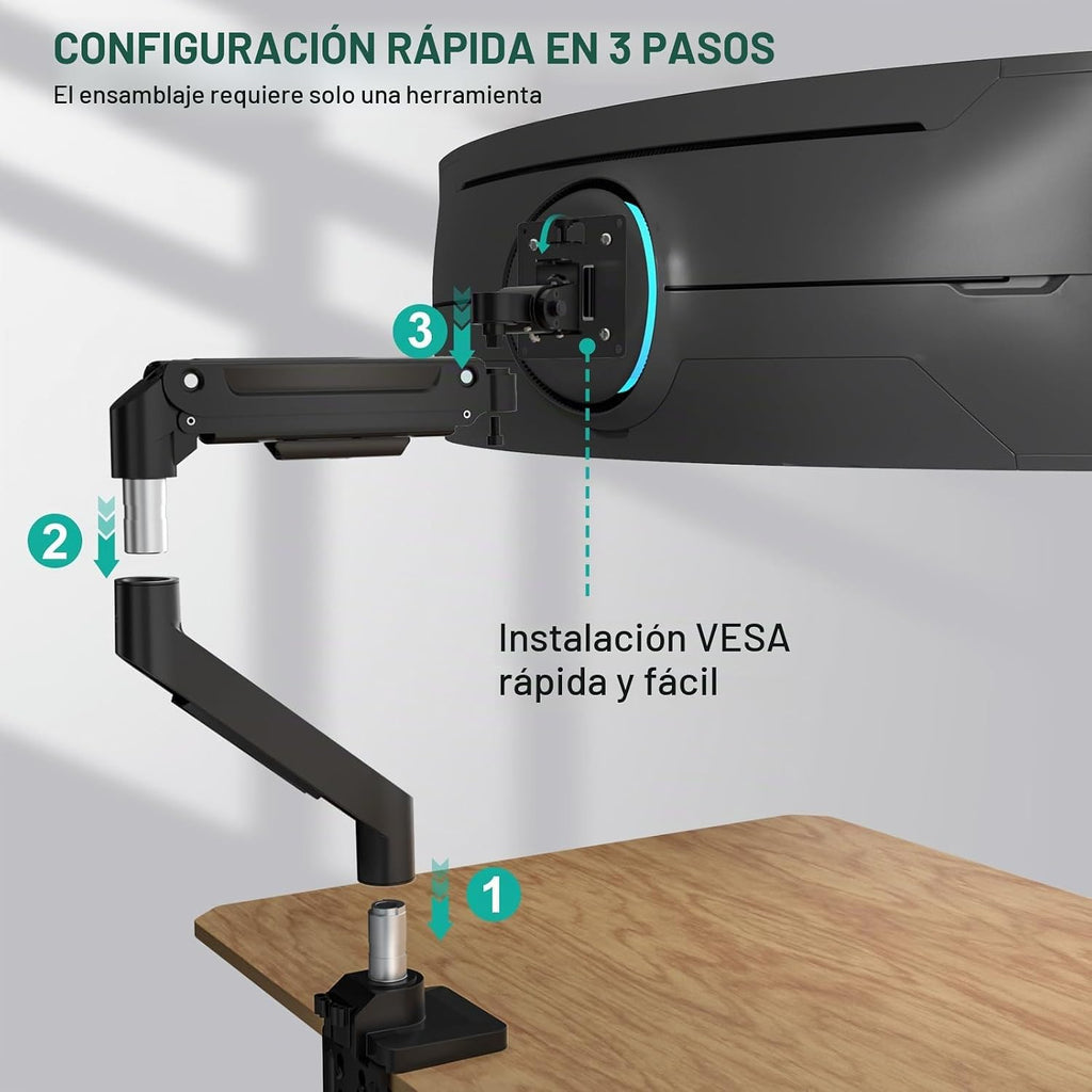 WALI Brazo de monitor resistente para pantalla curva 1000R de 13-49