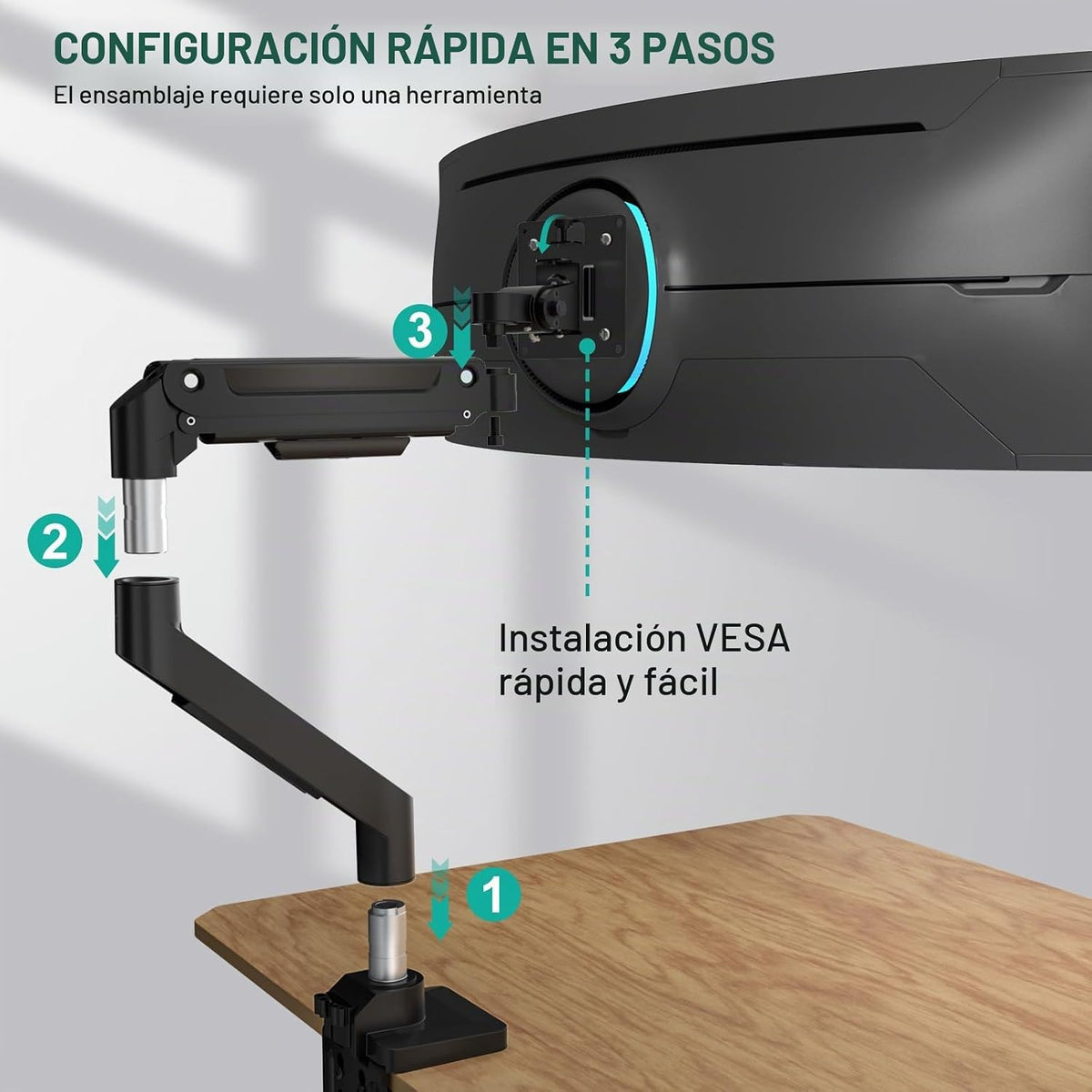WALI Brazo de monitor resistente para pantalla curva 1000R de 13-49