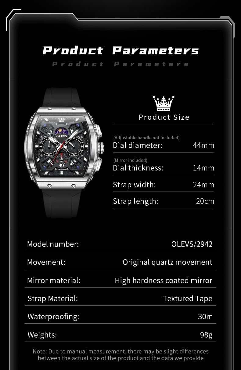 OLEVS Relojes para Hombre Casual Lujo Cara Grande Cronógrafo Multifuncional Relojes de Hombre Correa de Silicona/Nylon Duradera 3 ATM Resistente al Agua Reloj de Hombre Fecha Fase Lunar Reloj