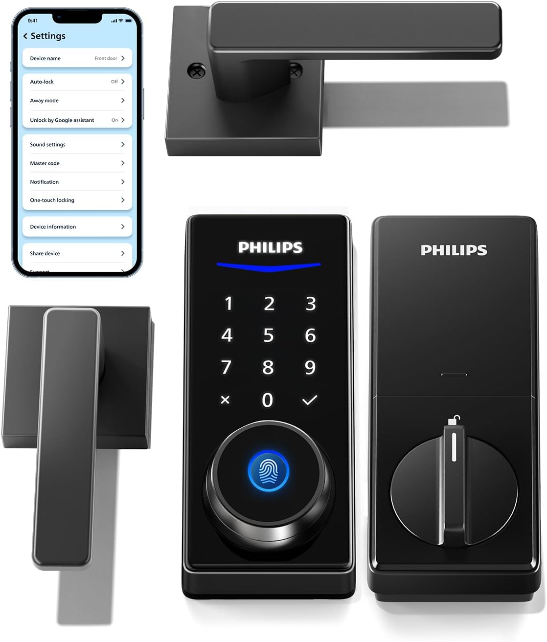 Cerradura electrónica Smart Deadbolt Philips con 2 manijas tipo palanca, juego de cerradura para puerta principal con teclado