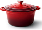 Olla holandesa de 6 cuartos de galón con tapa, horno holandés de hierro fundido esmaltado antiadherente para hornear pan, resistente, utensilios de cocina de cerámica aptos para horno hasta 500 °F para hornear, estofar, guisar, asar, rojo