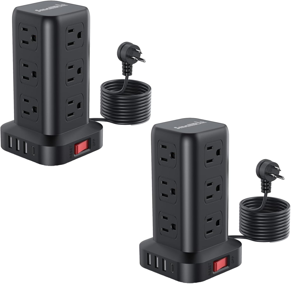 SMALLRT - 2 cables de extensión con múltiples tomas, torre de regleta de alimentación SMALLRT, extensor de salida con 12 salidas de CA, 4 USB, cable de extensión de 6.5 pies para hogar, oficina, dormitorio, protección contra sobrecarga