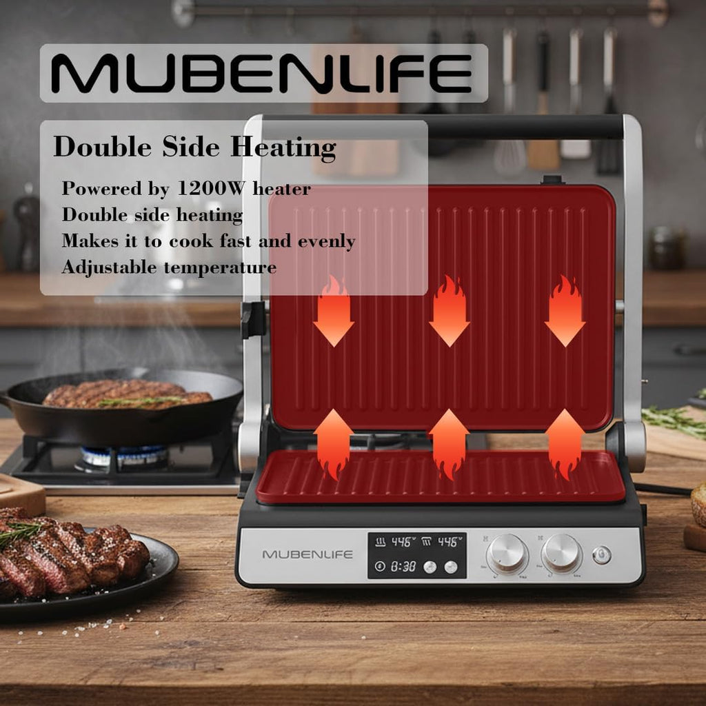 Prensa Panini, parrilla de contacto de 4 rebanadas con parrilla antiadherente extraíble y platos planos, fabricantes de panini con control de temperatura y temporizador, abierto a 180 grados, parrilla y plancha (negro medio con digital)