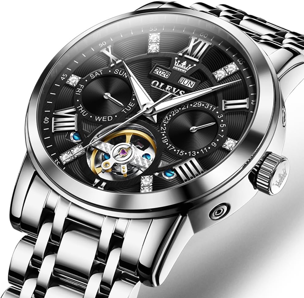 OLEVS Reloj automático para hombre de lujo en acero inoxidable con esqueleto y diamantes