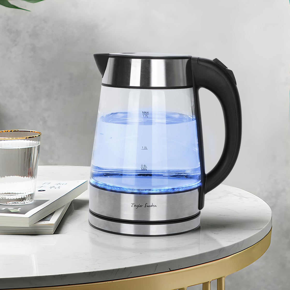 Taylor Swoden - Tetera de vidrio eléctrica para agua caliente para té y café de 1.7 litros, hervidor eléctrico de ebullición rápida, hervidor de agua inalámbrico con apagado automático y protección