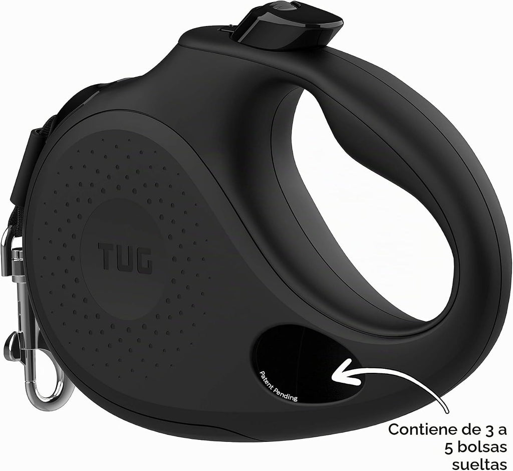 TUG Correa retráctil ovalada de 360° sin enredos para perro con dispensador de bolsas para desechos integrado (Grande, Negro)