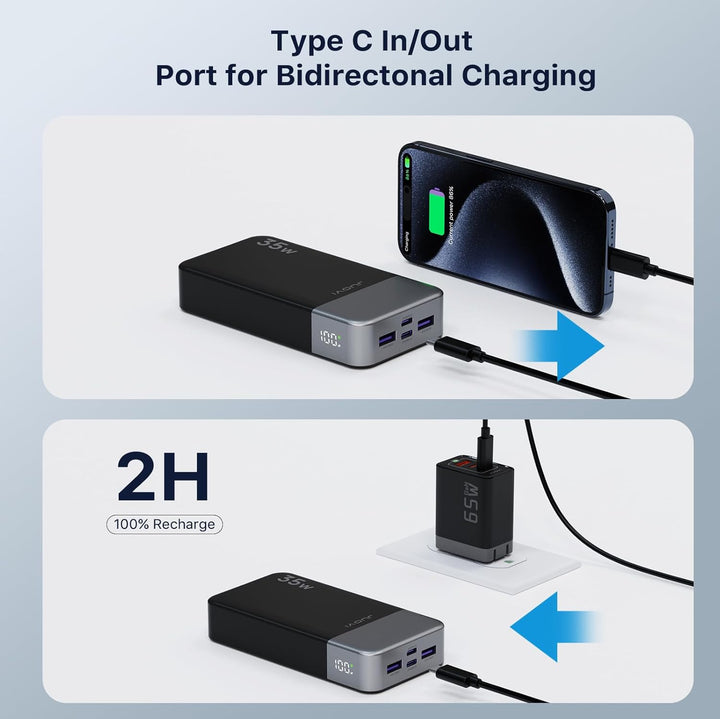 JUOVI Batería externa portátil de 20000mAh, cargador portátil de 35...