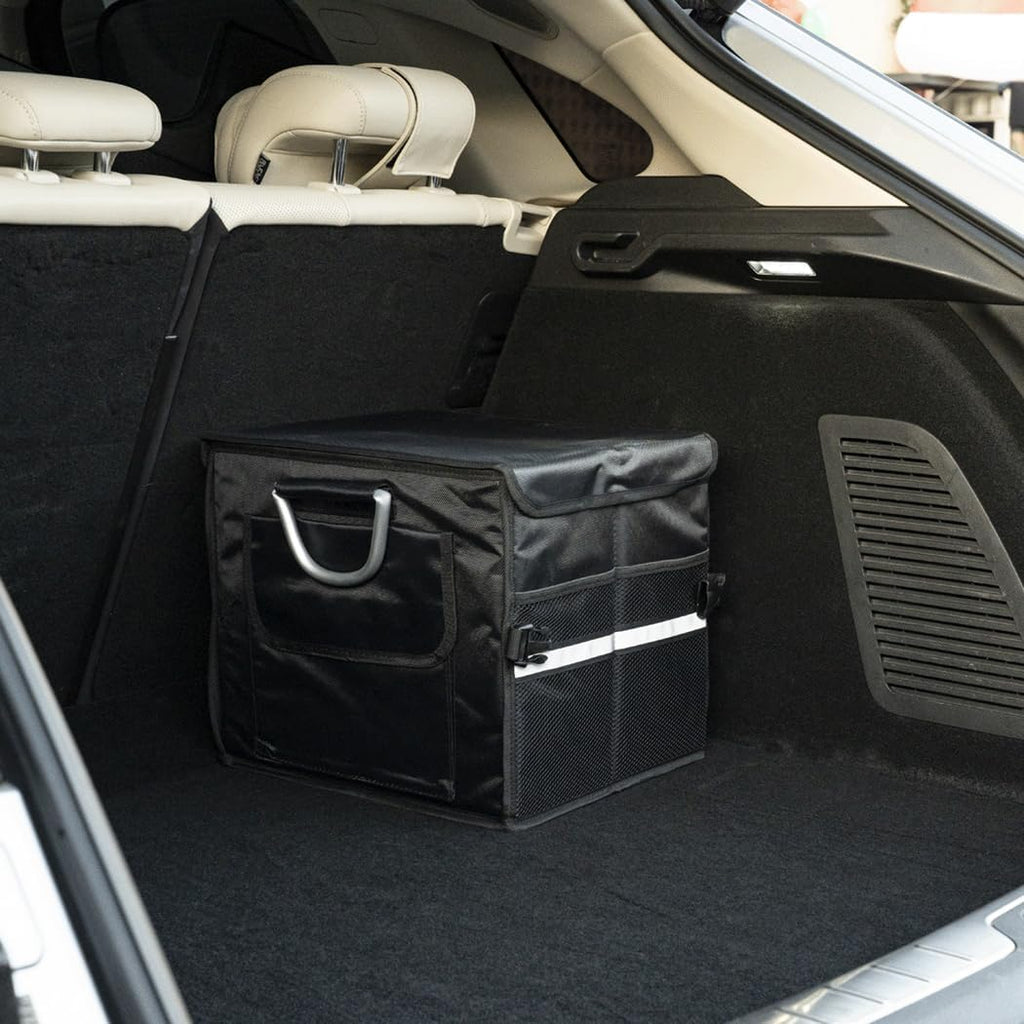 Organizador de maletero pequeño con tapa, para SUV coche camión, negro 28L, tela Oxford impermeable plegable, 2 compartimentos con mango de aleación de aluminio
