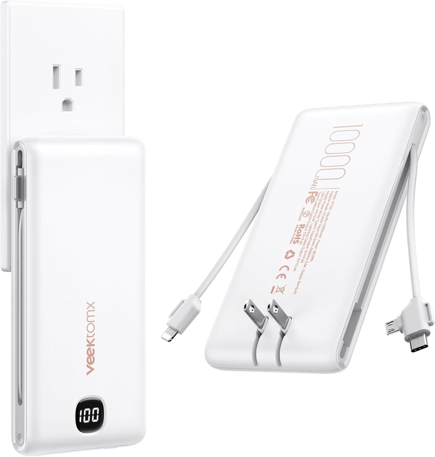 VEEKTOMX Cargador portátil con cables integrados 10000 mAh, banco d...