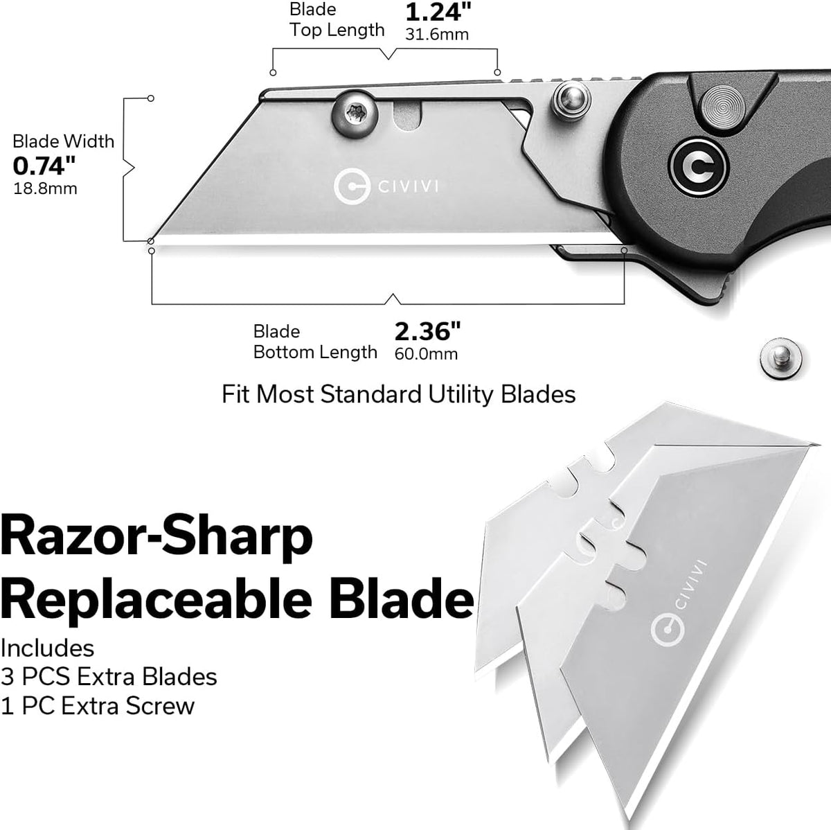 CIVIVI Cuchillo Utilitario Plegable Cortador de Caja, Cuchillo de Bolsillo Elementum Utilitario para EDC con 3 Piezas Extra de Hojas de Afeitar, Tres Maneras de Abrir, Regalos Ideales para Hombres y