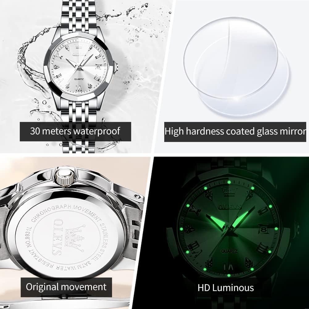 OLEVS Reloj para Mujer Moderno de Moda con Diamantes para Damas Analógico, Acero Inoxidable, Resistente al Agua, Luminosa, Día, Fecha, Dos Tonos