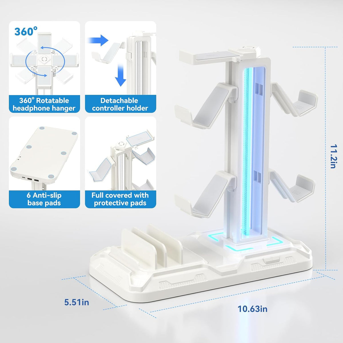 Soporte para Auriculares KDD con Estación de Carga - Soporte Desmontable para Controlador con 9 Modos de Iluminación - Percha Giratoria para Auriculares con Puertos Cargador USB A y C - Gancho para Audífonos para Almacenamiento de Accesorios de Juego para