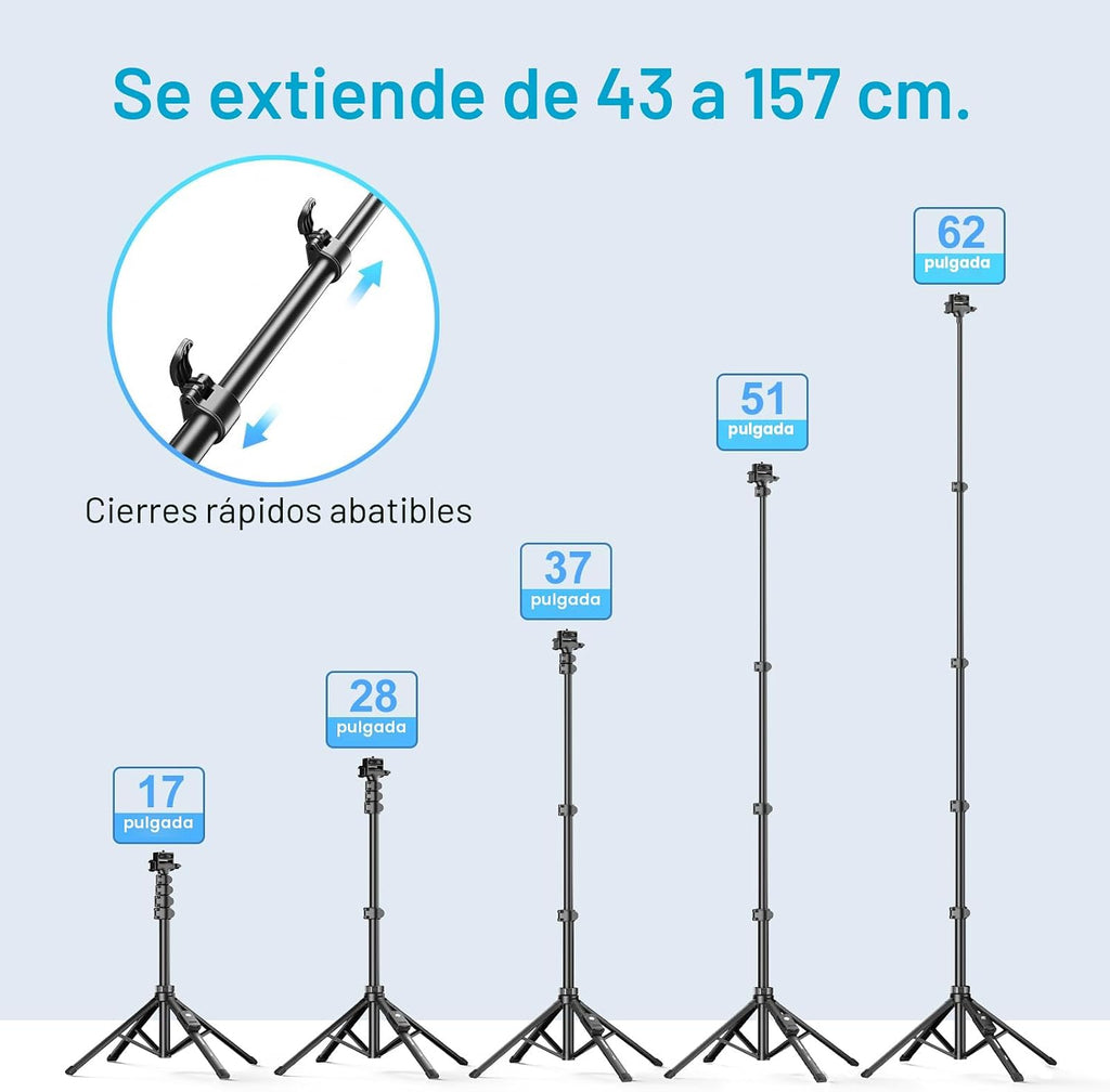 Fugetek Trípode profesional para teléfono celular de 62", diseño ultra estable de 4 patas, control remoto Bluetooth, bastón y patas 100% de aluminio, portátil todo en uno, soporte para teléfono de 360