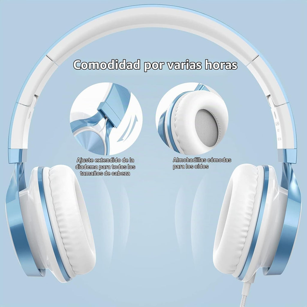 Ailihen Auriculares para Niños para Escuela, con cable de 3.5 mm y micrófono para adolescentes, SkyBlue