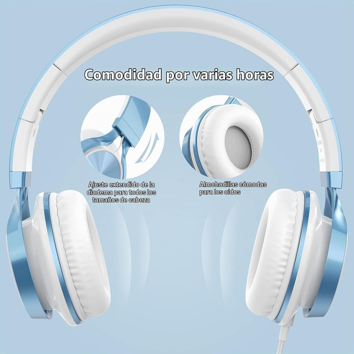 Ailihen Auriculares para Niños para Escuela, con cable de 3.5 mm y micrófono para adolescentes, SkyBlue