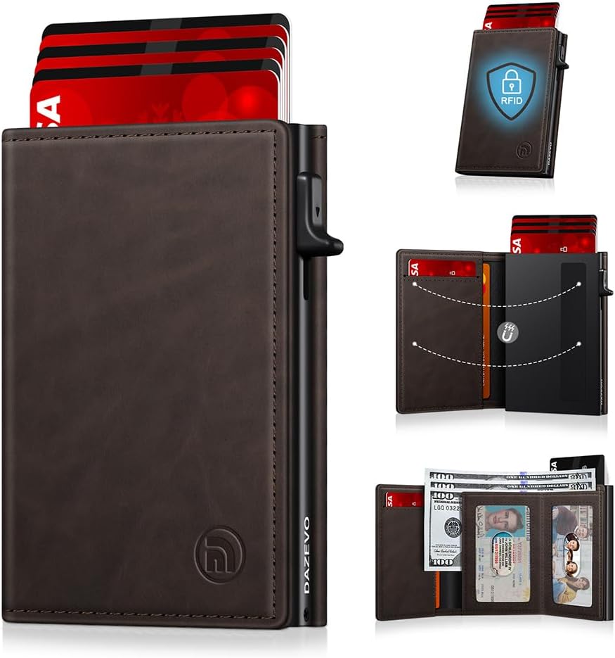 Cartera minimalista para hombres, cartera de cuero de grano completo con bloqueo RFID con 2 ventanas de identificación, billetera plegable triple para tarjetas de crédito, cartera de 9 a 11