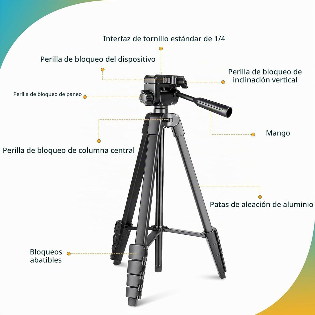 Aureday - Soporte para trípode de teléfono, trípode extensible de 64" para celular y cámara con control remoto inalámbrico y soporte para teléfono, trípode de aluminio para iPad para grabación de