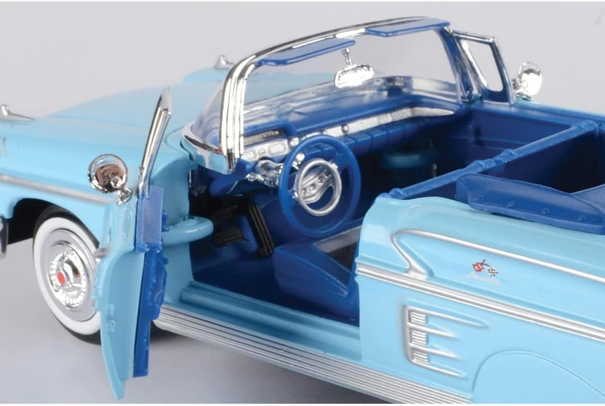 Chevrolet Impala Convertible 1958, azul - Motormax Premium American 73267 - Modelo de automóvil fundido a presión a escala 1/24, unisex, para niños