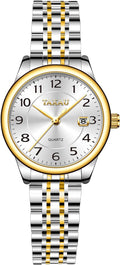 Reloj de Mujer Elegante Analógico a Cuarzo con Carga de Fecha, Números Arábigos Grandes, Impermeable, Dos Tonos, Acero Inoxidable, Pequeño, Reloj de Muñeca