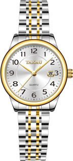 Reloj de Mujer Elegante Analógico a Cuarzo con Carga de Fecha, Números Arábigos Grandes, Impermeable, Dos Tonos, Acero Inoxidable, Pequeño, Reloj de Muñeca