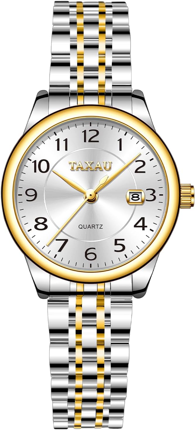 Reloj de Mujer Elegante Analógico a Cuarzo con Carga de Fecha, Números Arábigos Grandes, Impermeable, Dos Tonos, Acero Inoxidable, Pequeño, Reloj de Muñeca