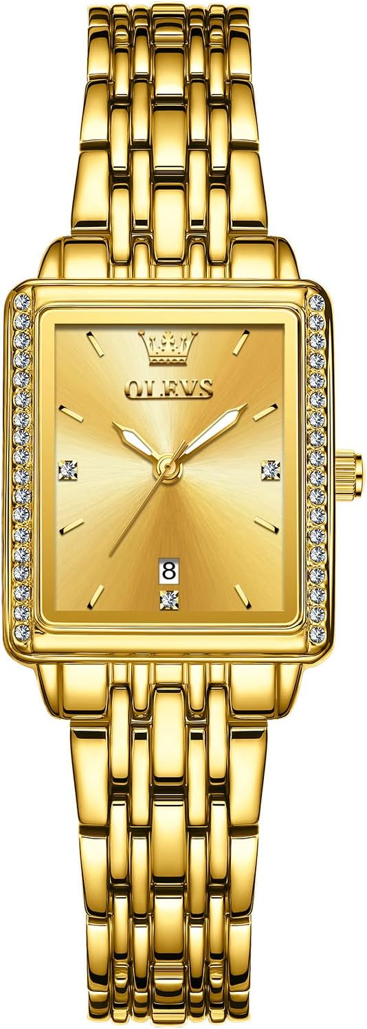 OLEVS Reloj de mujer de oro de acero inoxidable, reloj de cara cuadrada pequeña con decoración de diamantes, reloj de vestir de cuarzo analógico de lujo para mujer, reloj de pulsera impermeable con