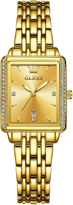OLEVS Reloj de mujer de oro de acero inoxidable, reloj de cara cuadrada pequeña con decoración de diamantes, reloj de vestir de cuarzo analógico de lujo para mujer, reloj de pulsera impermeable con