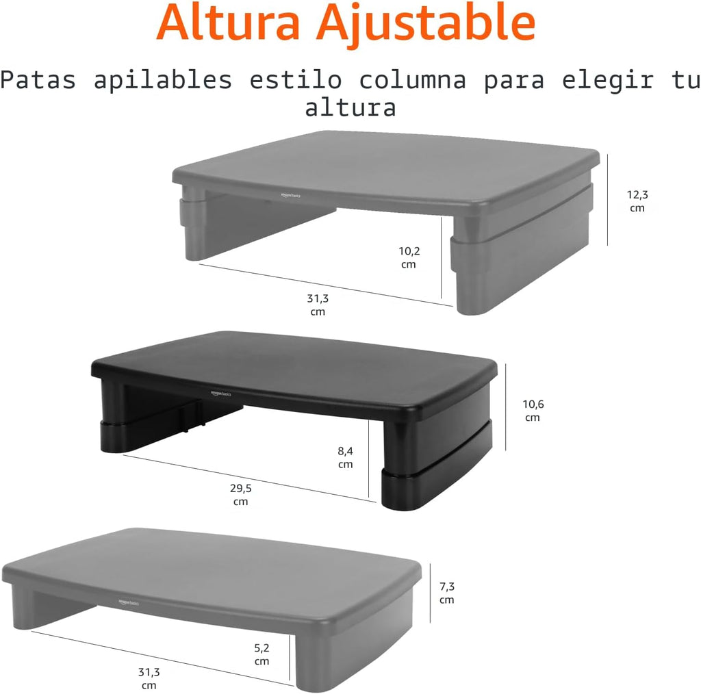 Amazon Basics Soporte elevador de monitor de altura ajustable con organizador de almacenamiento, diseño apilable de 3 niveles, plástico ABS duradero, soporta hasta 22 libras