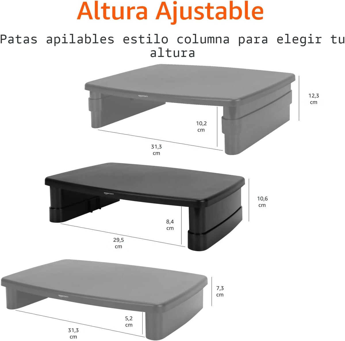 Amazon Basics Soporte elevador de monitor de altura ajustable con organizador de almacenamiento, diseño apilable de 3 niveles, plástico ABS duradero, soporta hasta 22 libras
