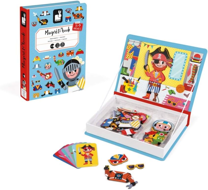 Janod - MagnetiBook - Juego de disfraces magnéticos para niños de 45 piezas - Entretenimiento de viaje - Fomenta el juego imaginativo - Aumenta la creatividad y la confianza - Mejora las habilidades