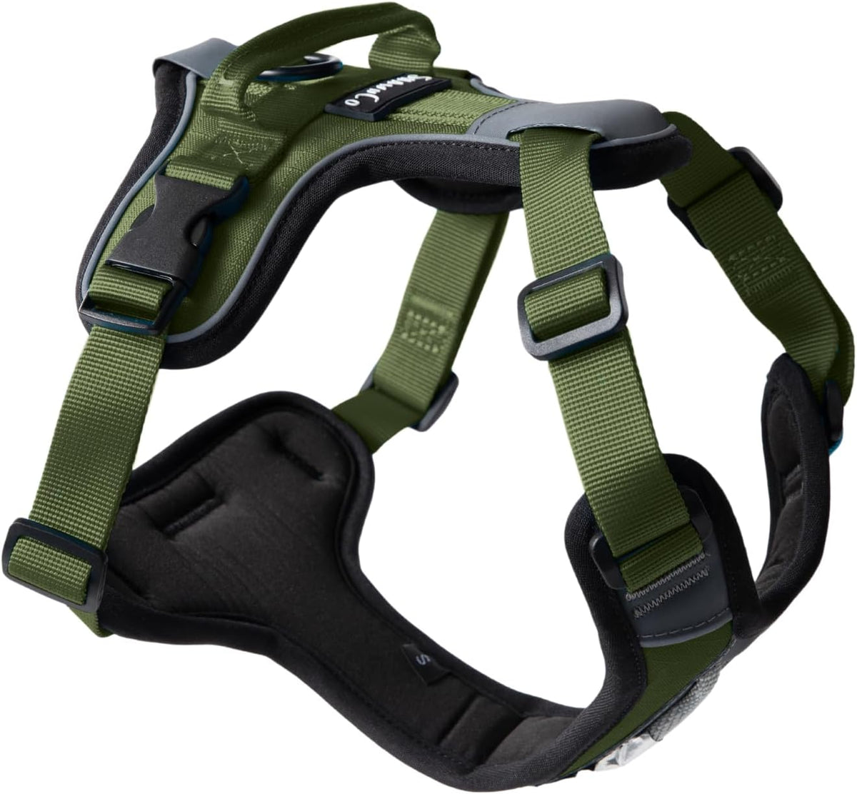 ShawnCo Basecamp Arnés para Perro, Chaleco para Mascotas Sin Tirones con 3 Clips para Correa, Arnés Acolchado, Reflectante, Ligero y Ajustable con Asa para Perros Pequeños, Medianos y Grandes (Verde
