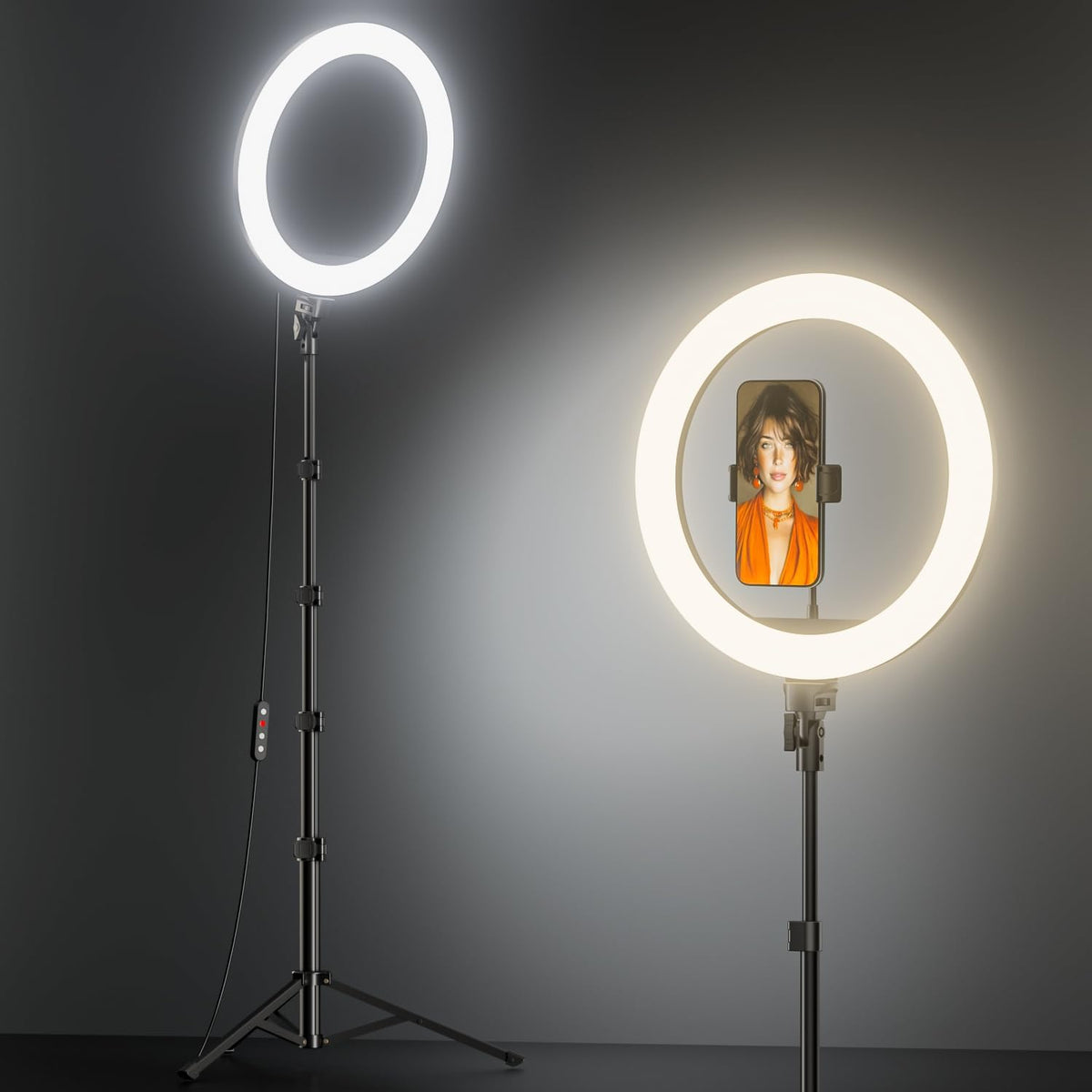 TODI Anillo de luz de 12 pulgadas con soporte de trípode extensible de 63 pulgadas, anillo de luz para selfie con soporte para teléfono y control remoto para selfies, anillo de luz LED regulable 2 en