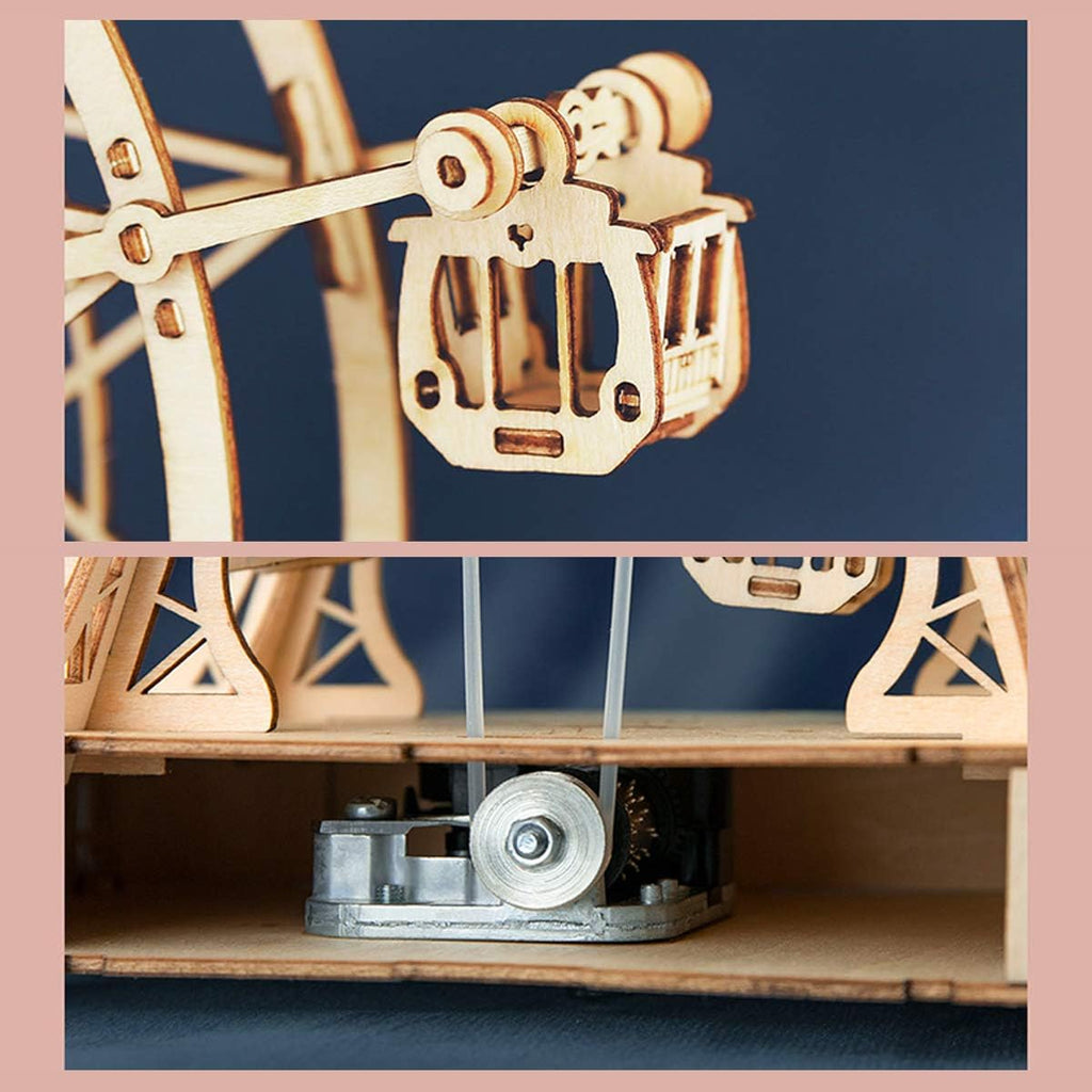 Rolife Rompecabezas de madera 3D con manivela de mano, caja de música, juguetes de maquinario, kit de manualidades de madera, regalo creativo para adultos cuando Navidad/cumpleaños (color madera de rueda de fortuna)