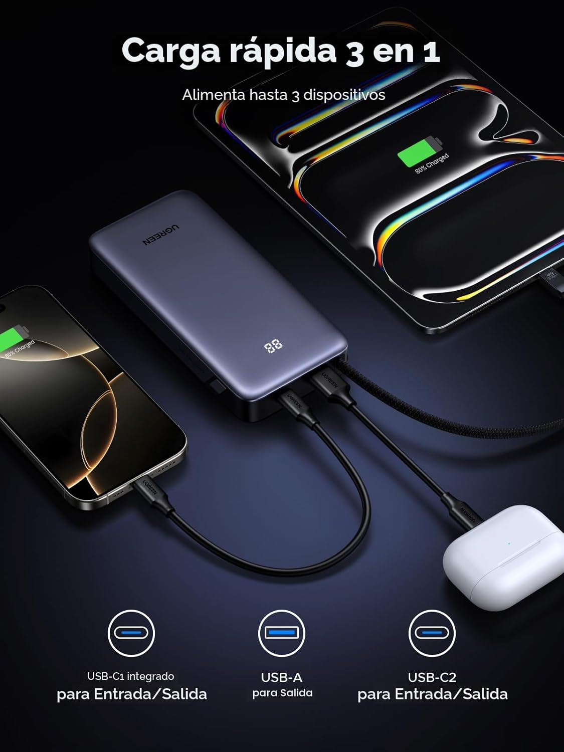 UGREEN Nexode Banco de Energía 20000mAh 45W con Cable Incorporado,...
