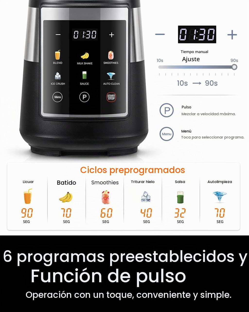 GDOR Licuadora para cocina, licuadora de vidrio de 1300 W con 6 programas