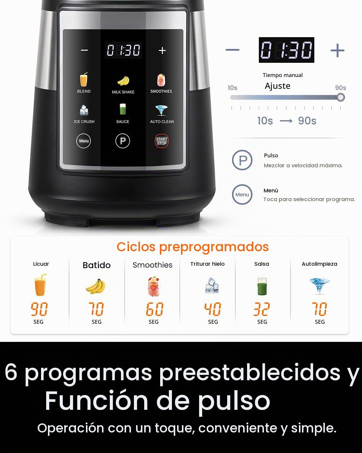 GDOR Licuadora para cocina, licuadora de vidrio de 1300 W con 6 programas