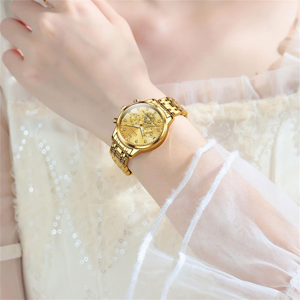 OLEVS Relojes para mujeres de negocios, con diamante, pulsera de acero inoxidable, fecha, impermeable, tono bicolor para mujer