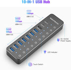 RSHTECH, RSH-ST10C, hub USB 3.2 de 10 puertos, alimentado, adaptador 12V/5A