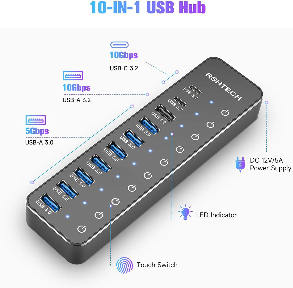 RSHTECH, RSH-ST10C, hub USB 3.2 de 10 puertos, alimentado, adaptador 12V/5A