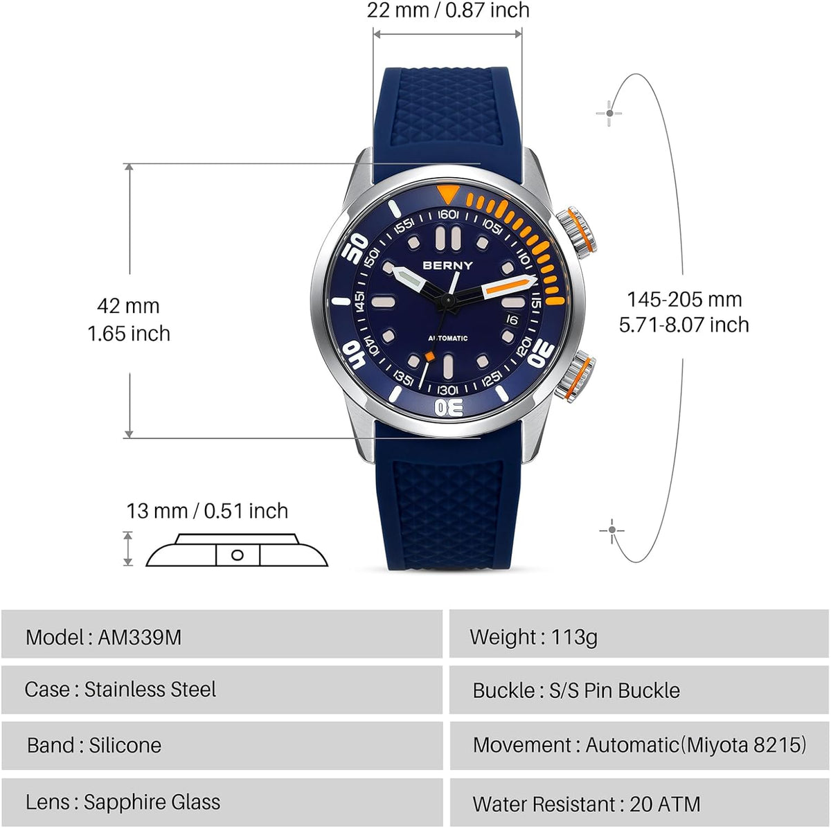 BERNY Reloj de buceo para hombre, relojes mecánicos automáticos de moda para hombres, reloj de pulsera masculino impermeable 20ATM, cristal de zafiro súper luminoso con banda de reloj de silicona