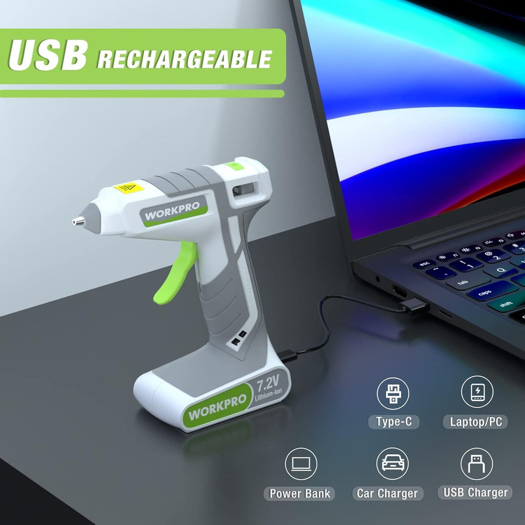 WORKPRO Pistola de pegamento termofusible inalámbrica de 7.2 V, kit de pistola de pegamento de precalentamiento rápido recargable con 20 piezas de mini barra de pegamento premium, apagado automático