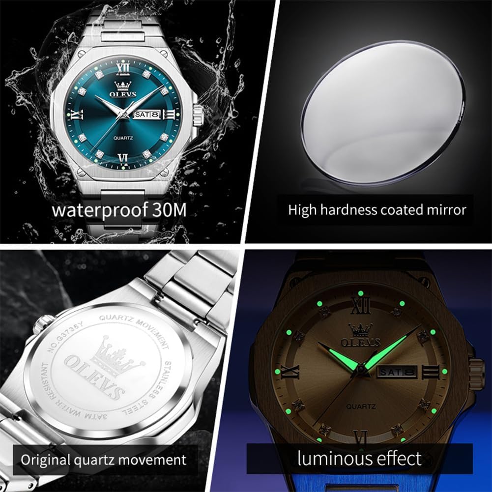 OLEVS Reloj de cuarzo octogonal de acero inoxidable para hombre, resistente al agua, para negocios, casual, de vestir, reloj de pulsera de lujo con diamantes luminosos para el día y fecha, regalo para